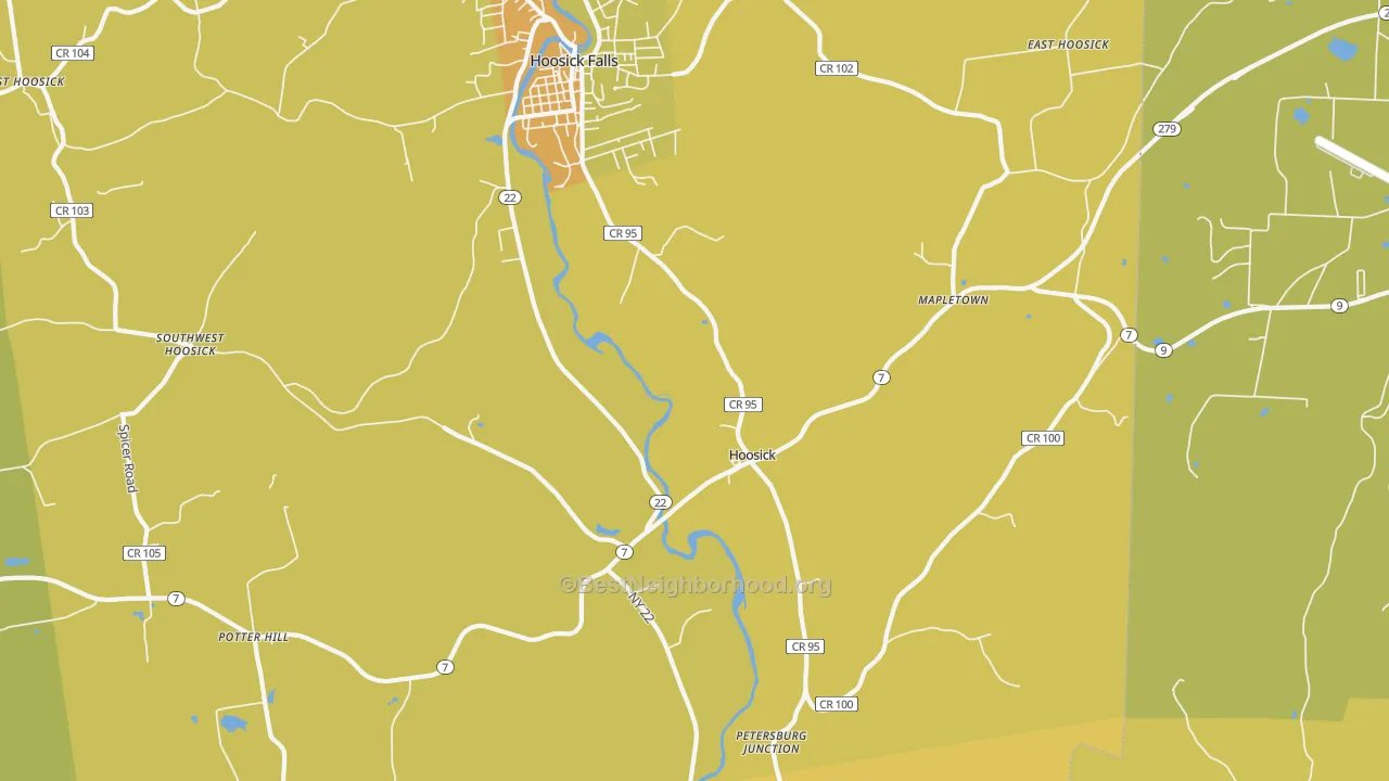 Map of the best neighborhoods in the Hoosick area, with better matches in green and worse matches in red