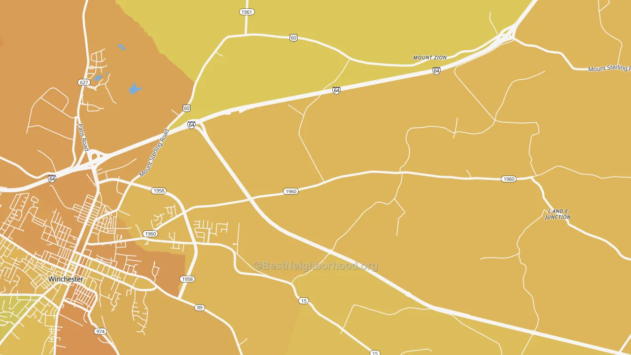 Map of the best neighborhoods in the Hootentown area, with better matches in green and worse matches in red
