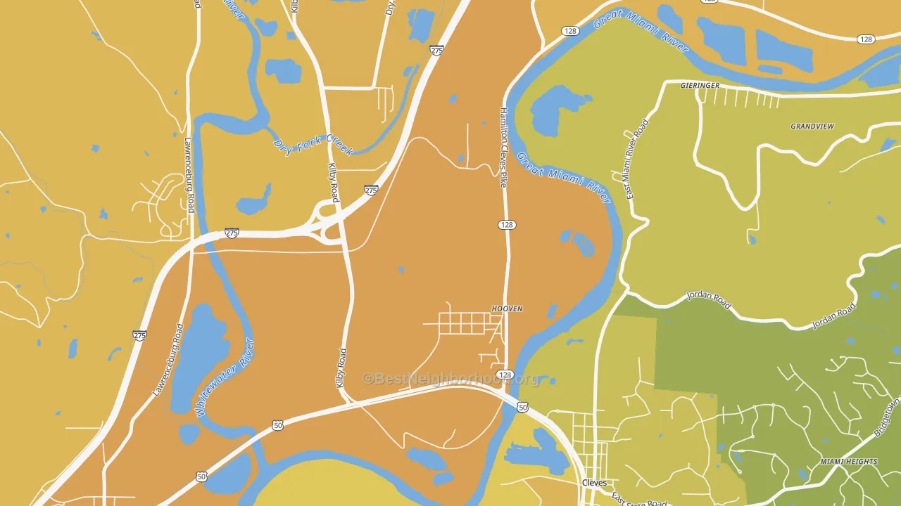 Map of the best neighborhoods in the Hooven area, with better matches in green and worse matches in red