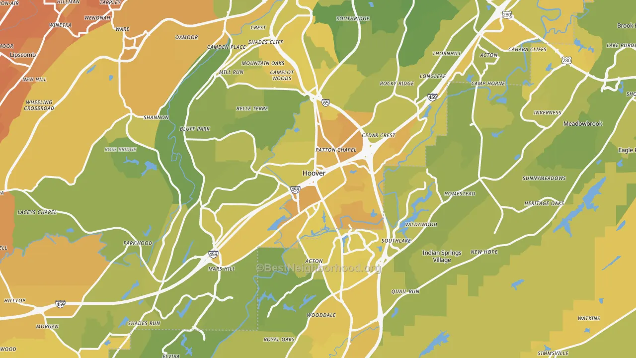 Map of the best neighborhoods in the Hoover area, with better matches in green and worse matches in red