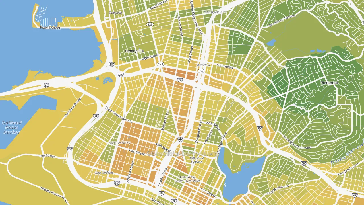 Map of the best neighborhoods in the Hoover-Foster, Oakland area, with better matches in green and worse matches in red