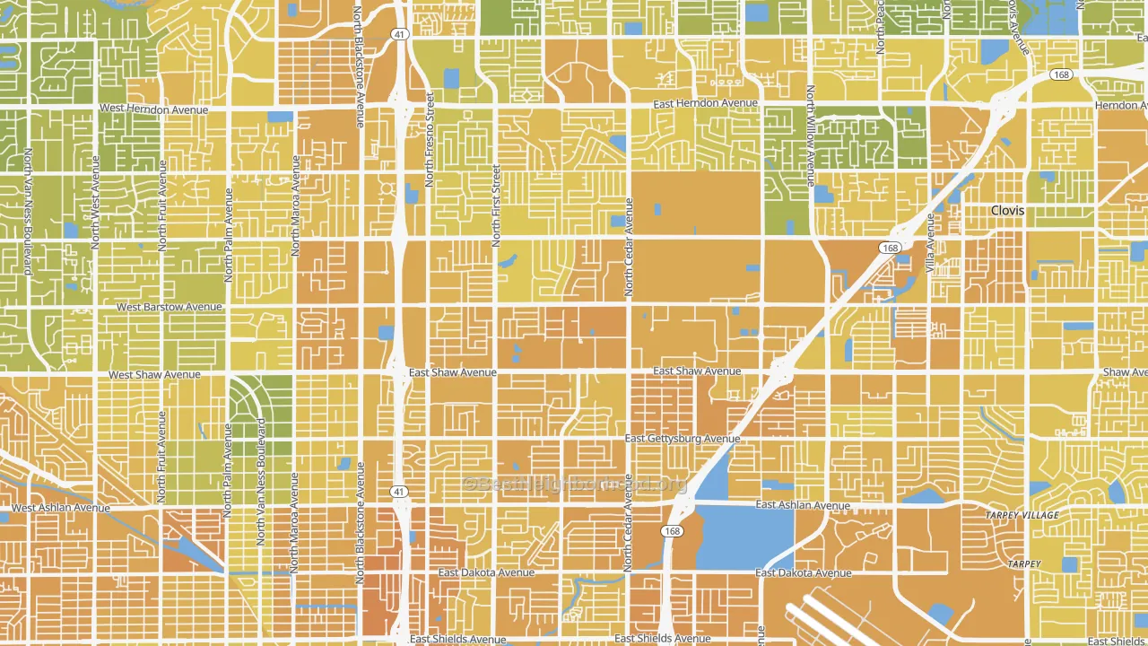 Map of the best neighborhoods in the Hoover, Fresno area, with better matches in green and worse matches in red