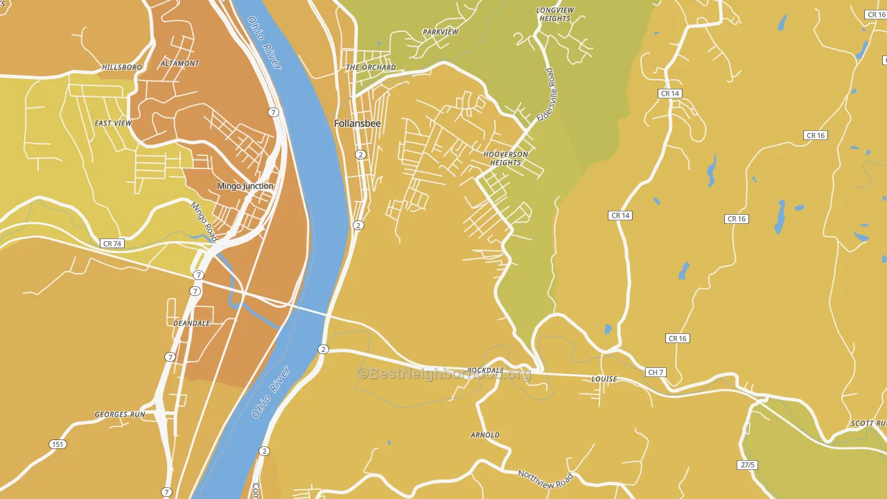 Map of the best neighborhoods in the Hooverson Heights area, with better matches in green and worse matches in red