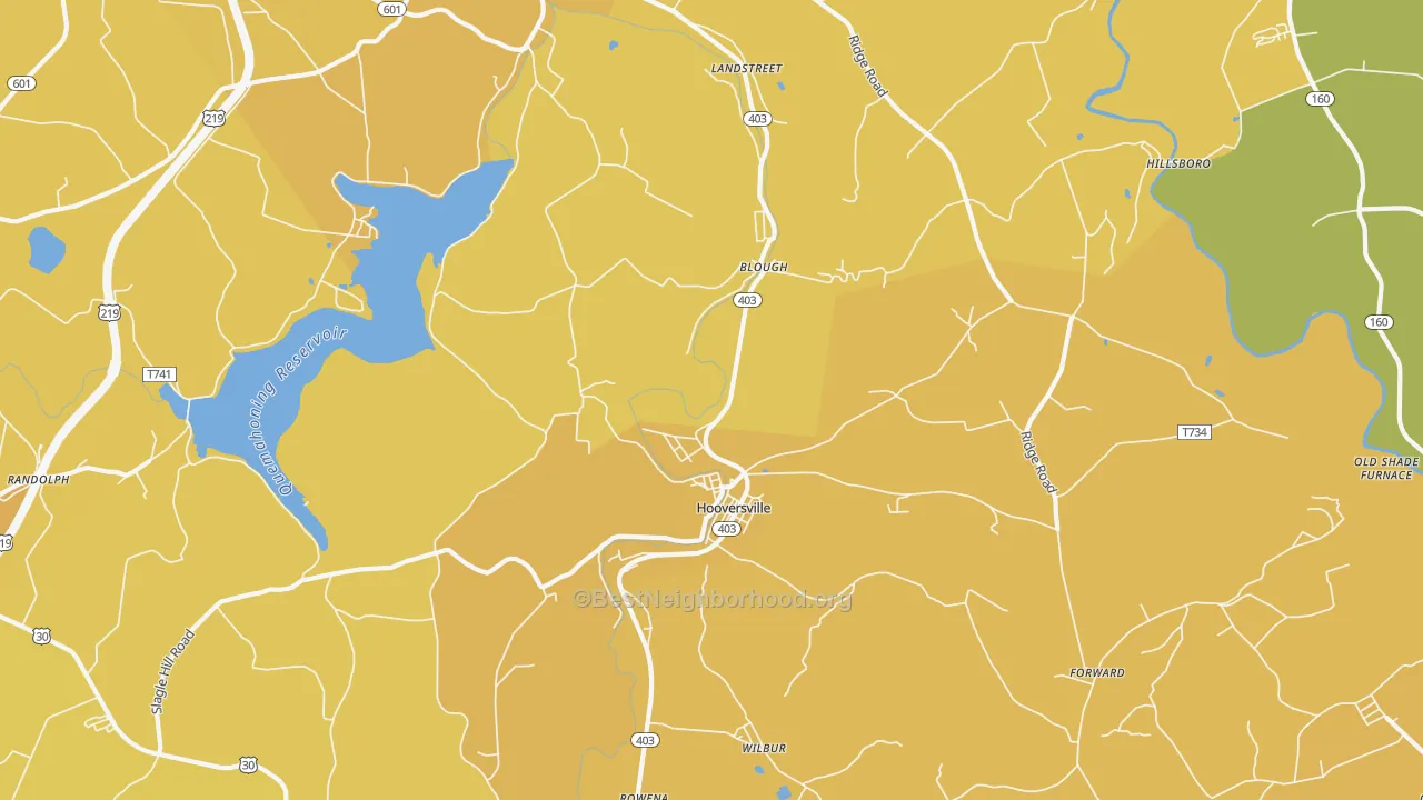 Map of the best neighborhoods in the Hooversville area, with better matches in green and worse matches in red