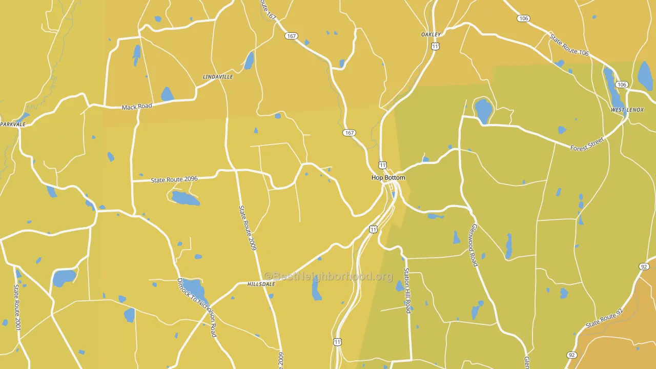 Map of the best neighborhoods in the Hop Bottom area, with better matches in green and worse matches in red