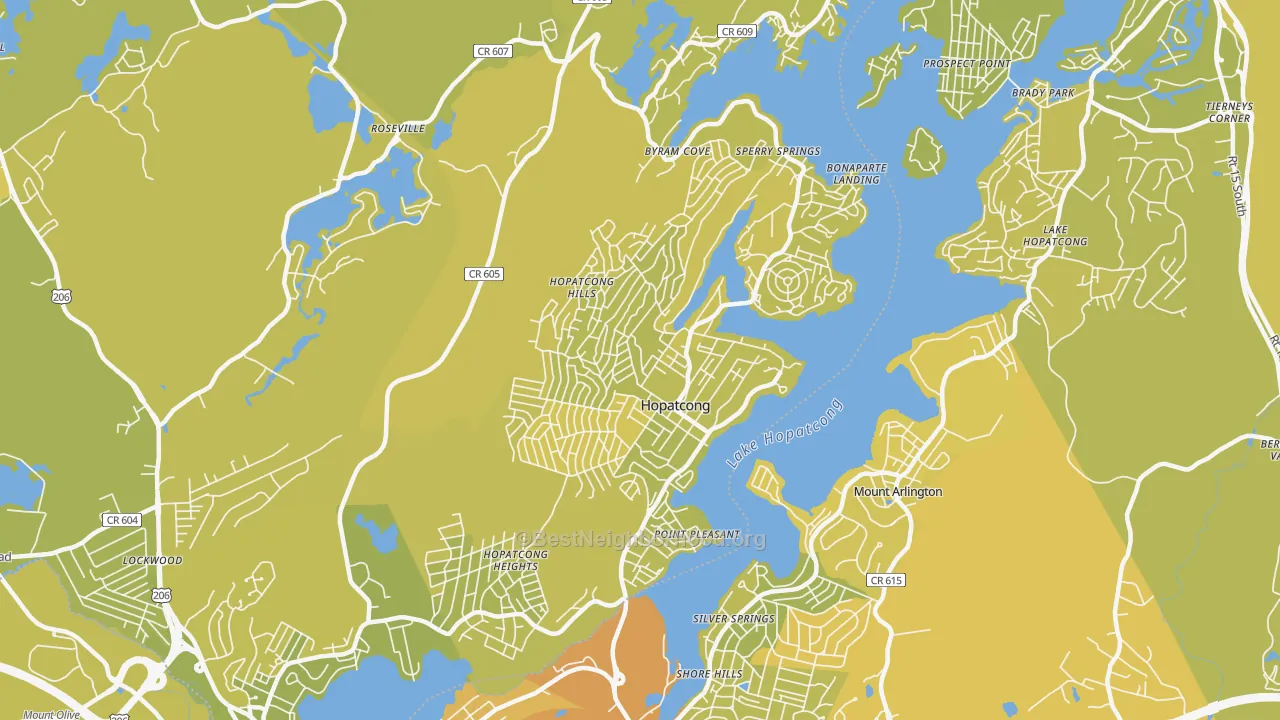 Map of the best neighborhoods in the Hopatcong area, with better matches in green and worse matches in red