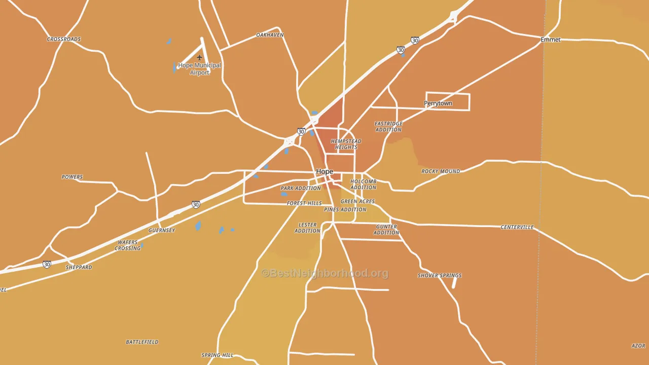 Map of the best neighborhoods in the Hope area, with better matches in green and worse matches in red