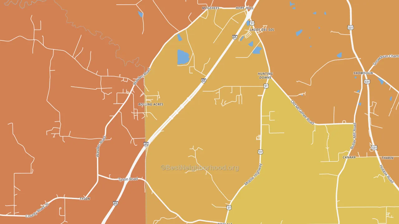 Map of the best neighborhoods in the Hope Hull area, with better matches in green and worse matches in red