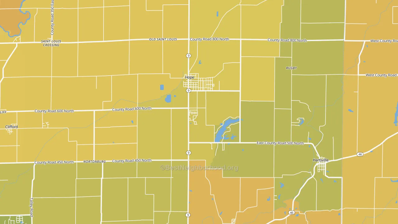 Map of the best neighborhoods in the Hope area, with better matches in green and worse matches in red