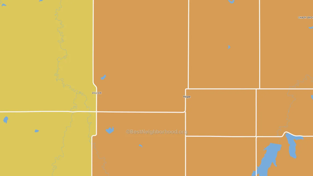 Map of the best neighborhoods in the Hope area, with better matches in green and worse matches in red