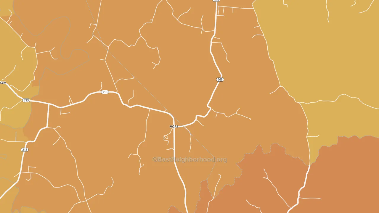 Map of the best neighborhoods in the Hope area, with better matches in green and worse matches in red