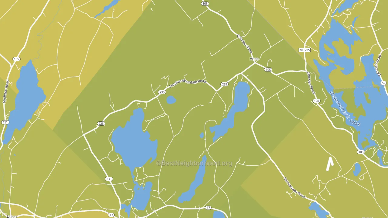 Map of the best neighborhoods in the Hope area, with better matches in green and worse matches in red