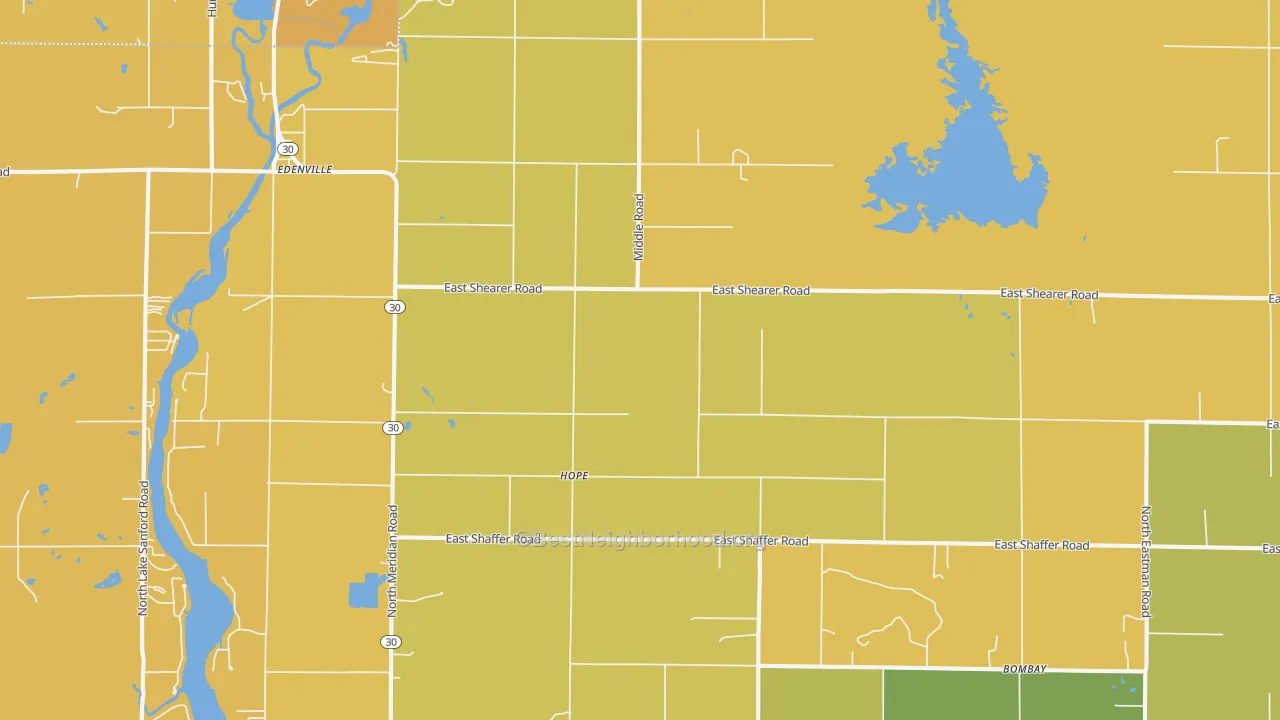 Map of the best neighborhoods in the Hope area, with better matches in green and worse matches in red