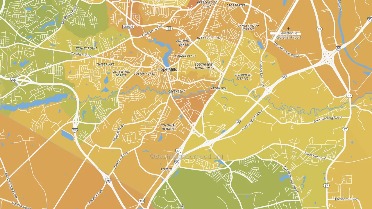 Map of the best neighborhoods in the Hope Mills area, with better matches in green and worse matches in red
