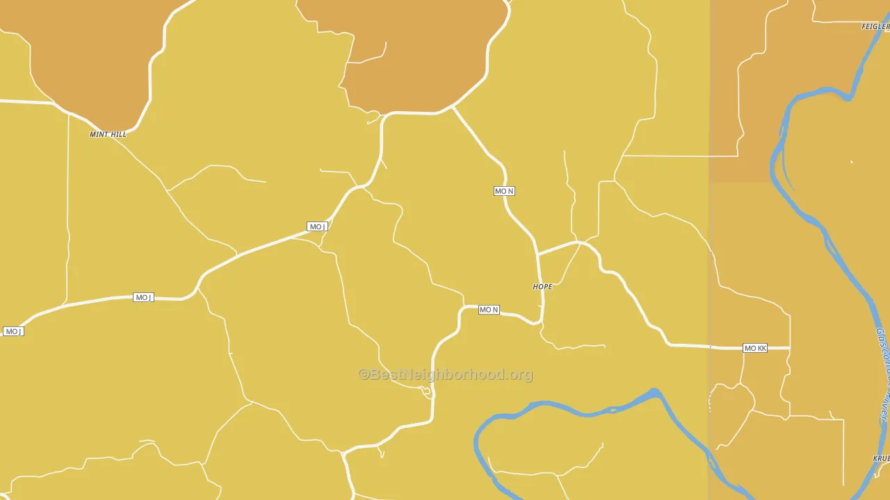 Map of the best neighborhoods in the Hope area, with better matches in green and worse matches in red