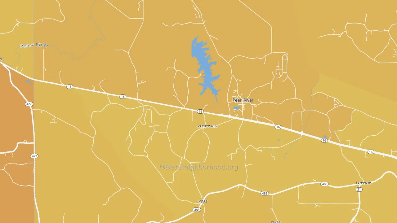 Map of the best neighborhoods in the Hope area, with better matches in green and worse matches in red