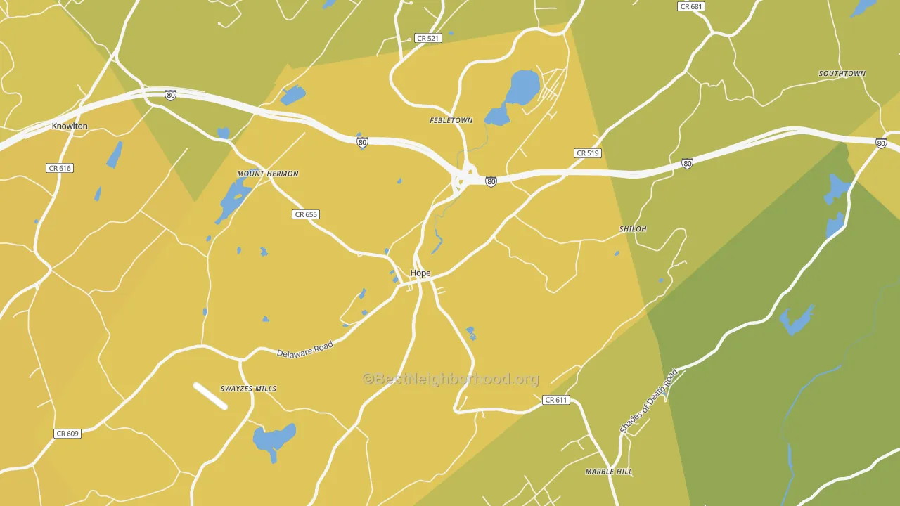 Map of the best neighborhoods in the Hope area, with better matches in green and worse matches in red