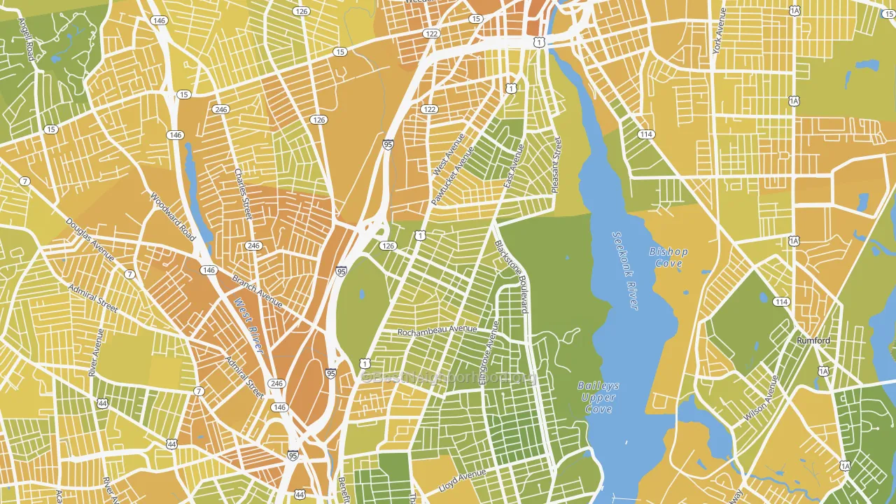 Map of the best neighborhoods in the Hope, Providence area, with better matches in green and worse matches in red