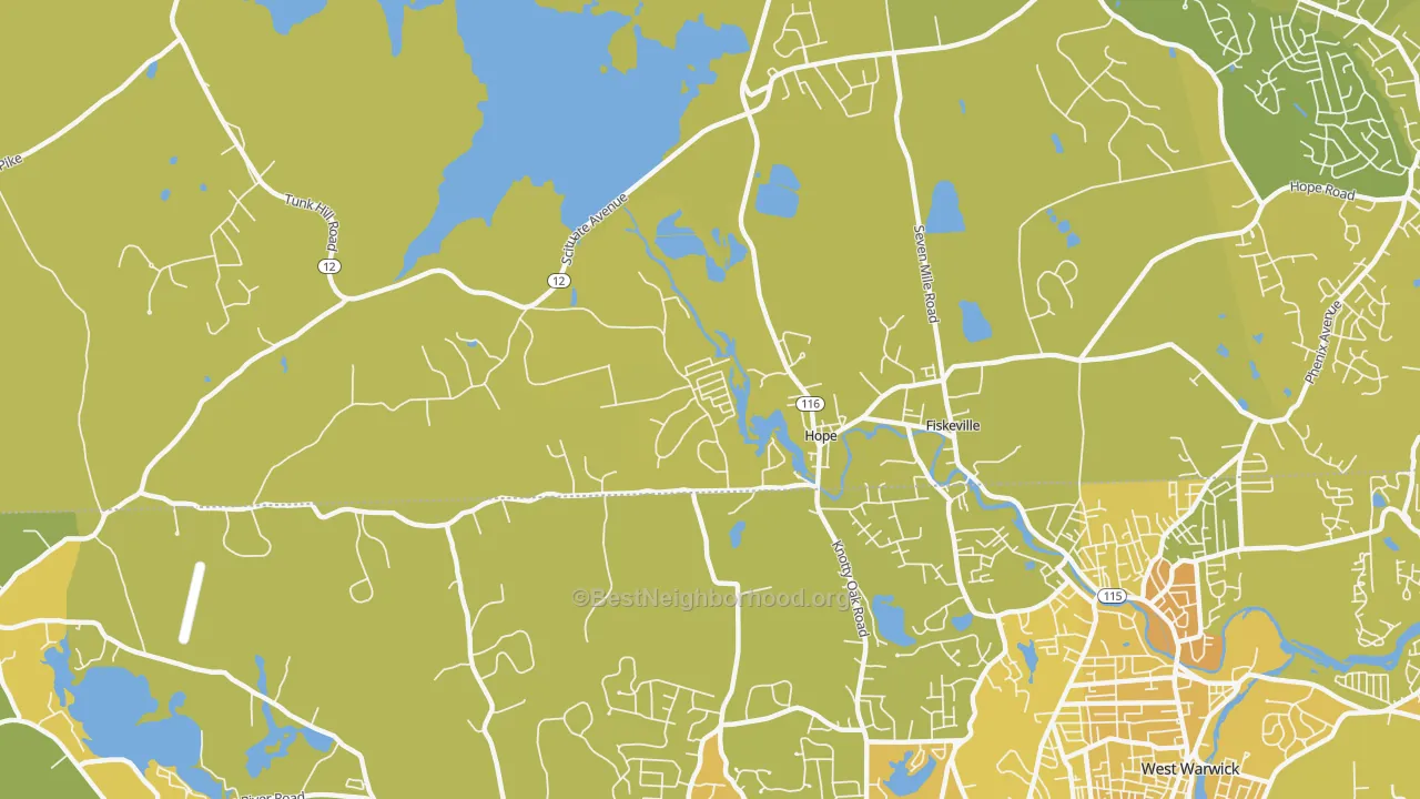 Map of the best neighborhoods in the Hope area, with better matches in green and worse matches in red