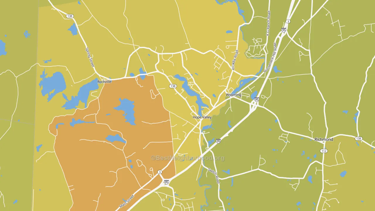 Map of the best neighborhoods in the Hope Valley area, with better matches in green and worse matches in red