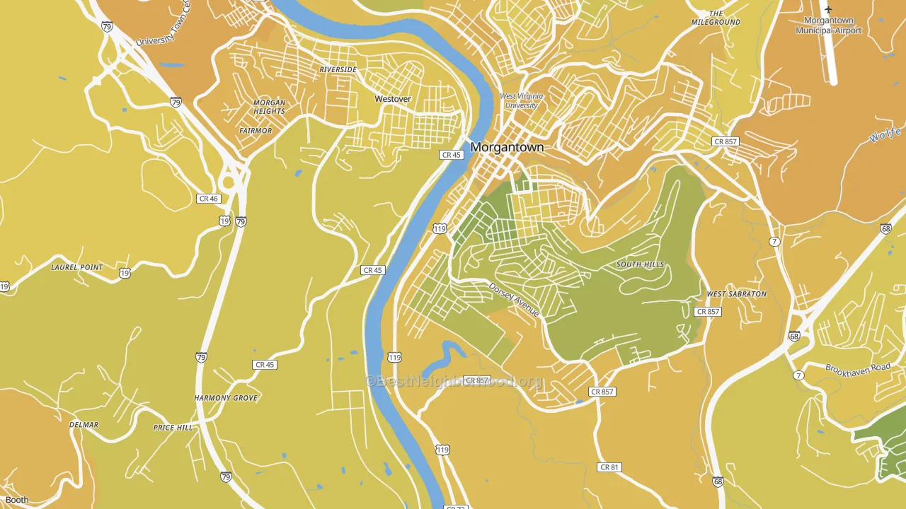 Map of the best neighborhoods in the Hopecrest, Morgantown area, with better matches in green and worse matches in red