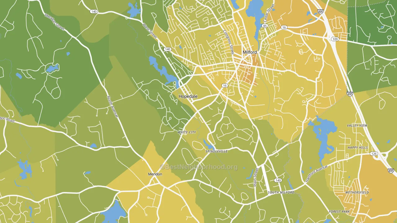 Map of the best neighborhoods in the Hopedale area, with better matches in green and worse matches in red
