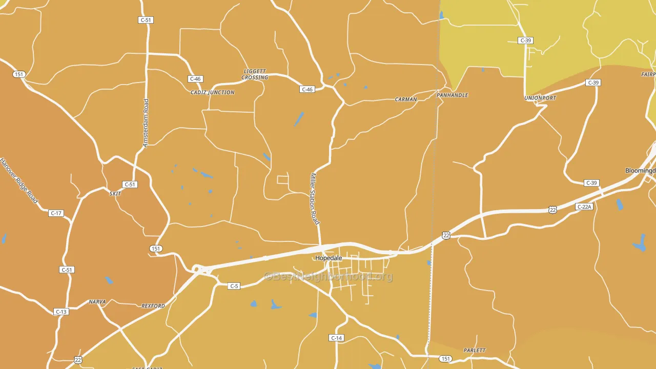 Map of the best neighborhoods in the Hopedale area, with better matches in green and worse matches in red