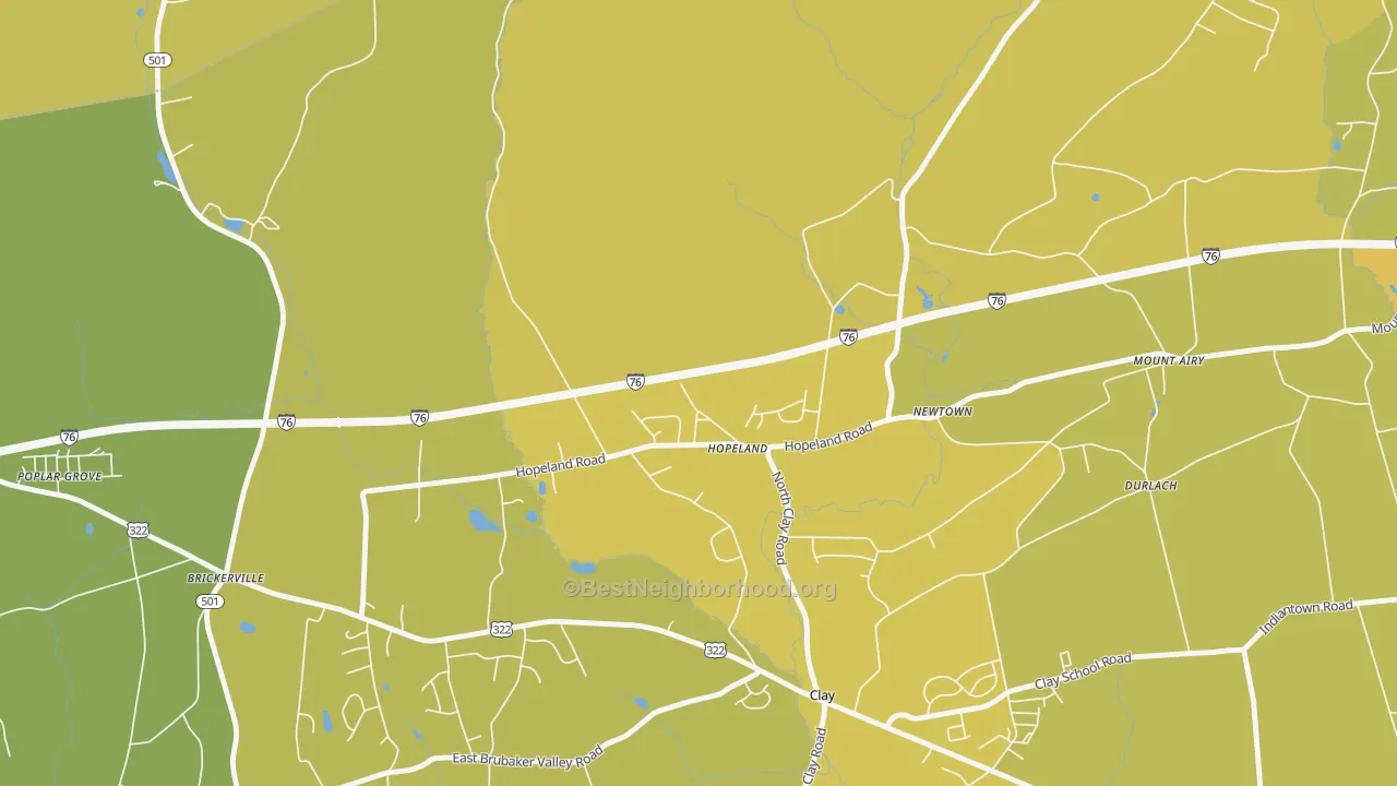 Map of the best neighborhoods in the Hopeland area, with better matches in green and worse matches in red