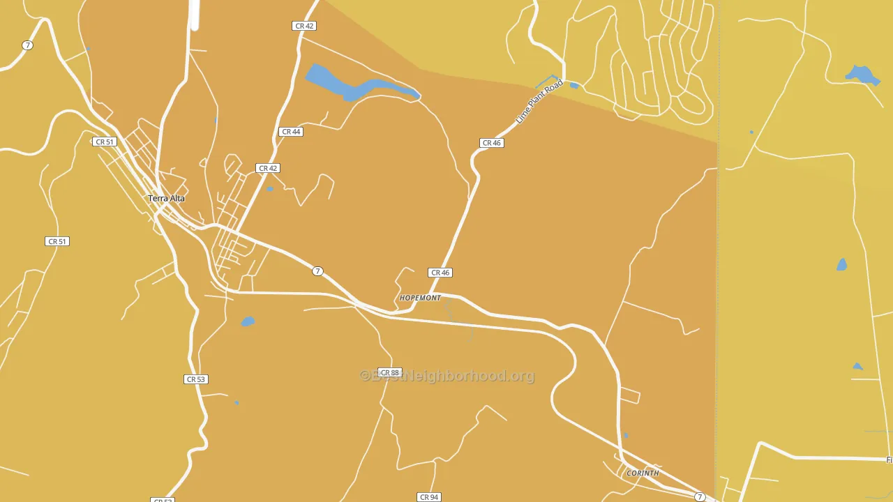 Map of the best neighborhoods in the Hopemont area, with better matches in green and worse matches in red
