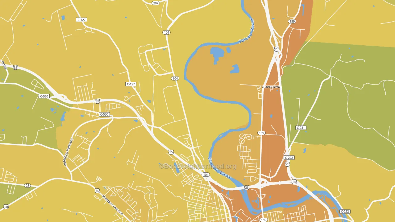 Map of the best neighborhoods in the Hopetown area, with better matches in green and worse matches in red