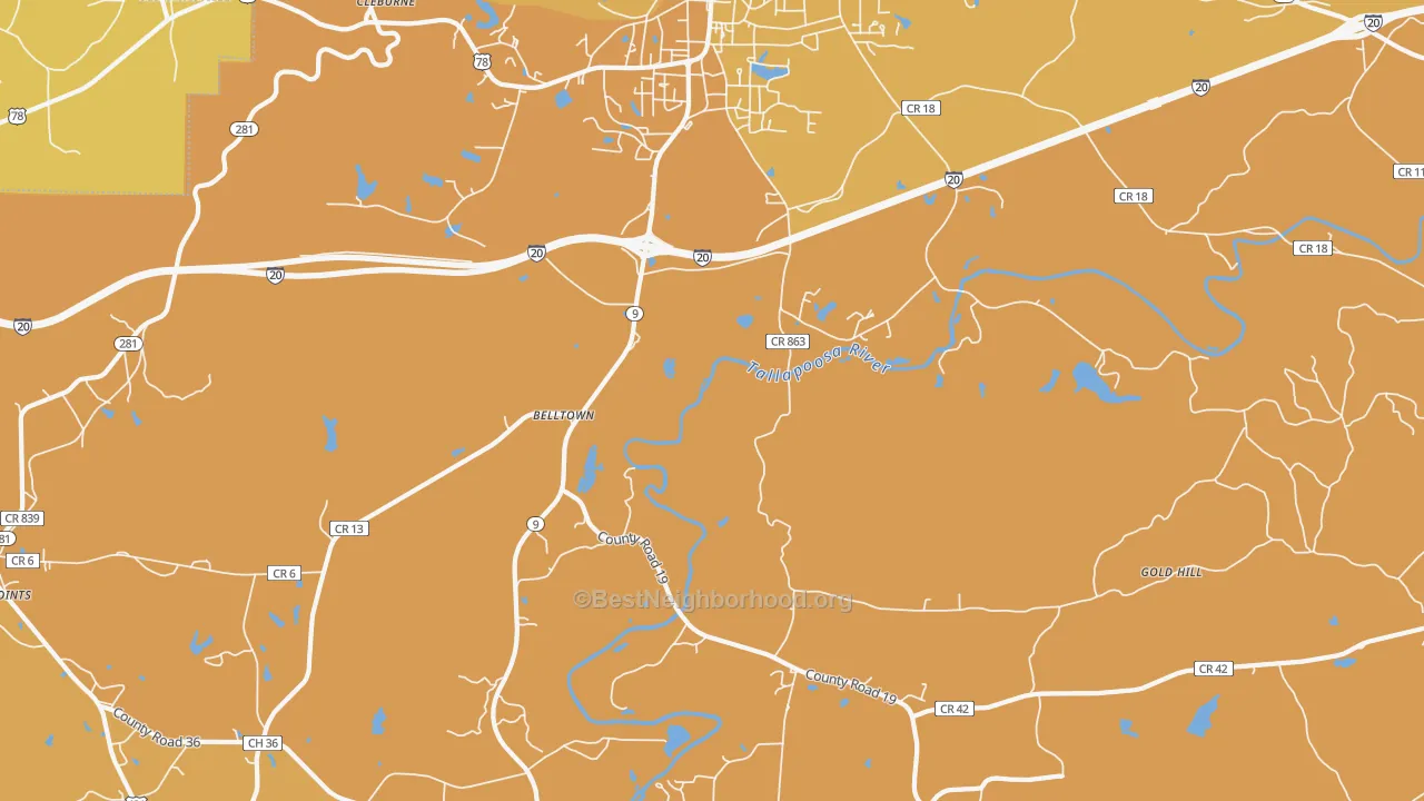 Map of the best neighborhoods in the Hopewell area, with better matches in green and worse matches in red