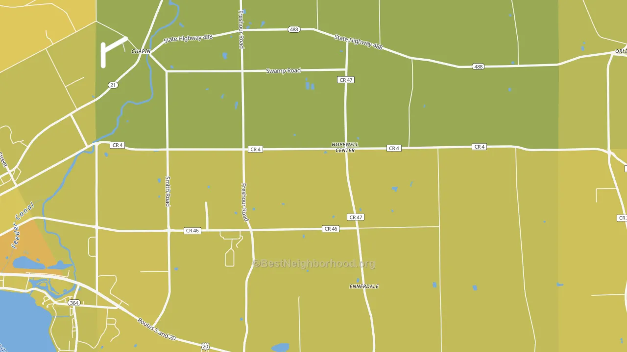 Map of the best neighborhoods in the Hopewell Center area, with better matches in green and worse matches in red