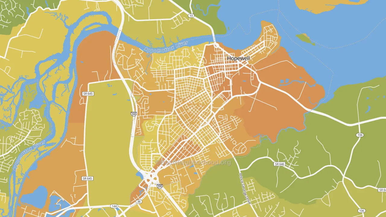 Map of the best neighborhoods in the Hopewell City area, with better matches in green and worse matches in red
