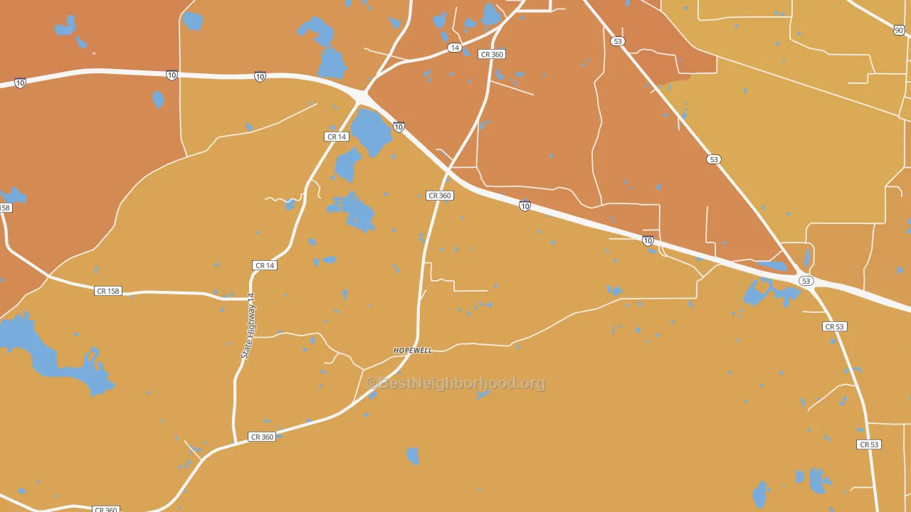 Map of the best neighborhoods in the Hopewell area, with better matches in green and worse matches in red