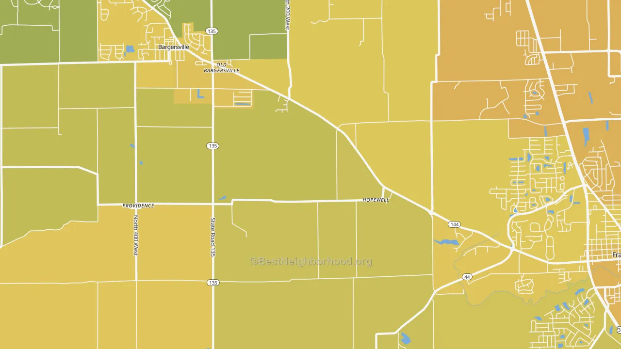 Map of the best neighborhoods in the Hopewell area, with better matches in green and worse matches in red