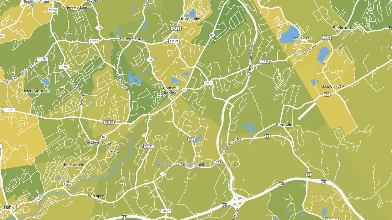 Map of the best neighborhoods in the Hopewell Junction area, with better matches in green and worse matches in red