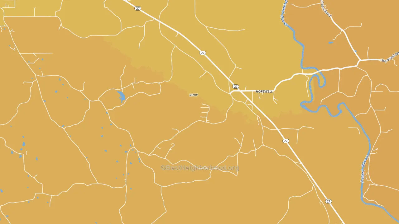 Map of the best neighborhoods in the Hopewell area, with better matches in green and worse matches in red
