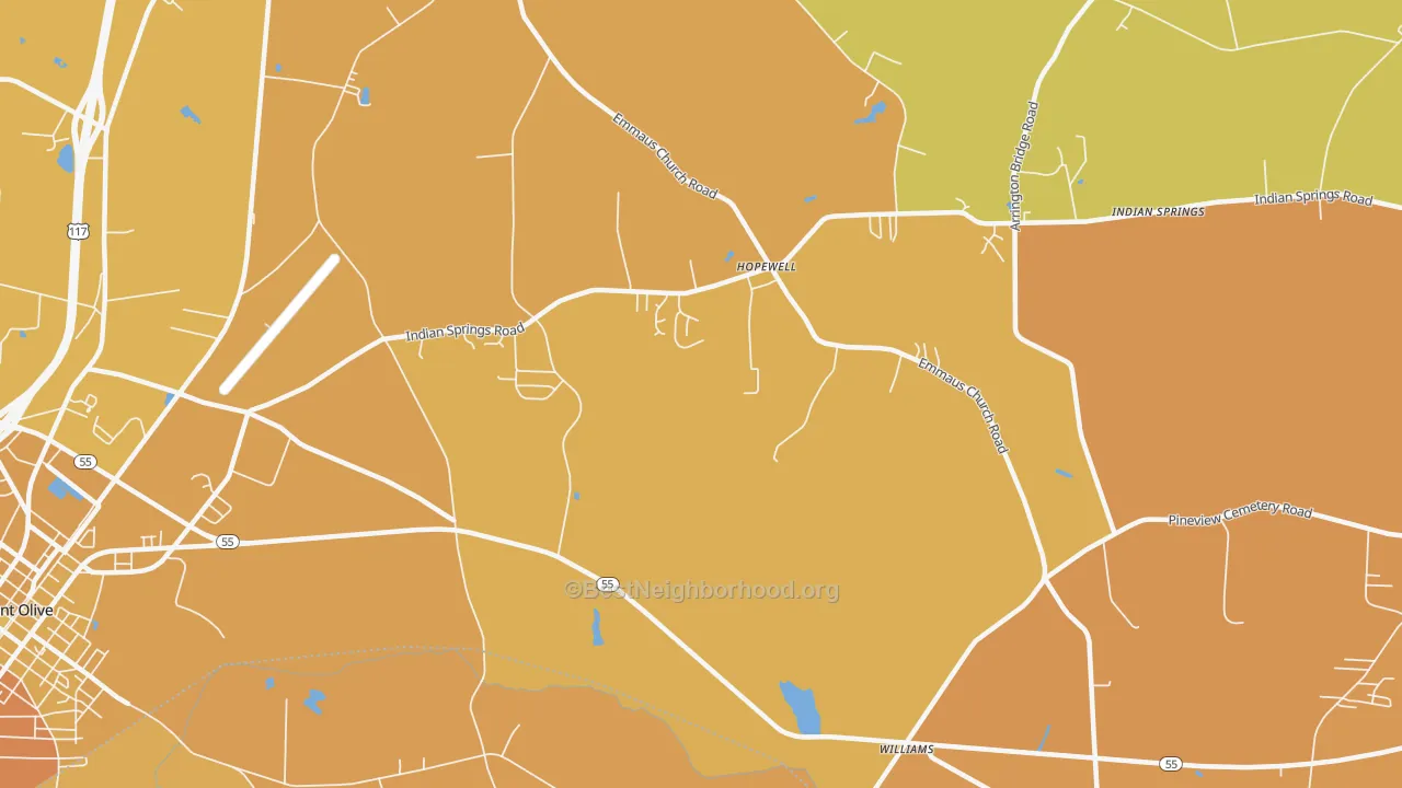 Map of the best neighborhoods in the Hopewell area, with better matches in green and worse matches in red
