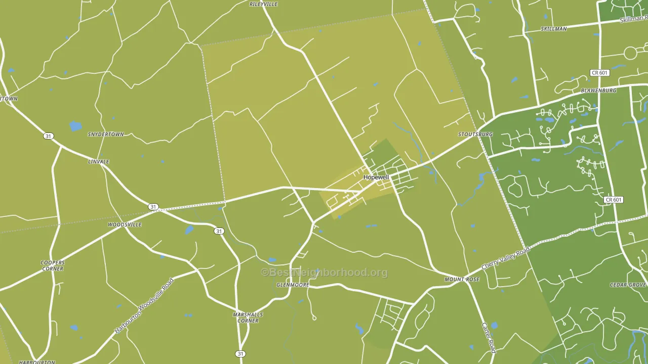 Map of the best neighborhoods in the Hopewell area, with better matches in green and worse matches in red