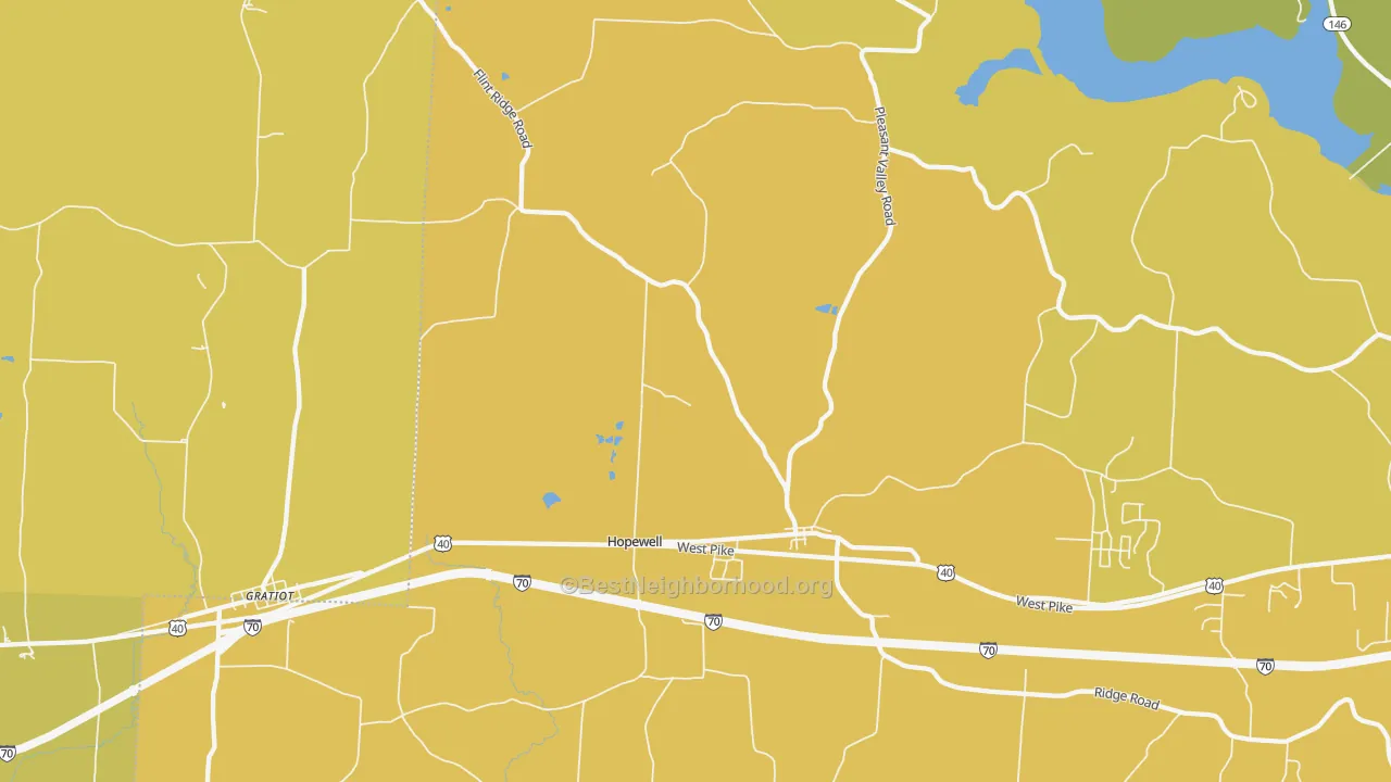 Map of the best neighborhoods in the Hopewell area, with better matches in green and worse matches in red