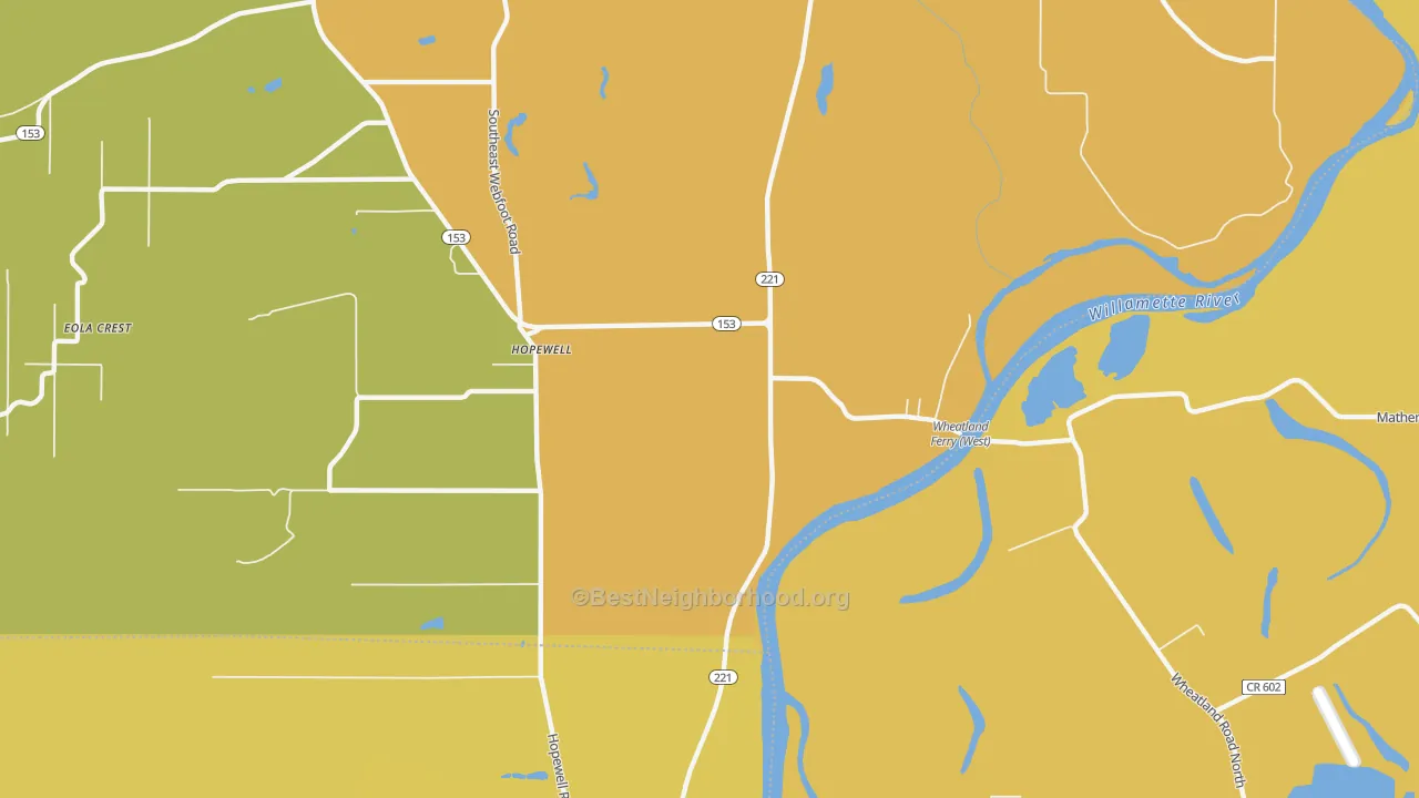 Map of the best neighborhoods in the Hopewell area, with better matches in green and worse matches in red