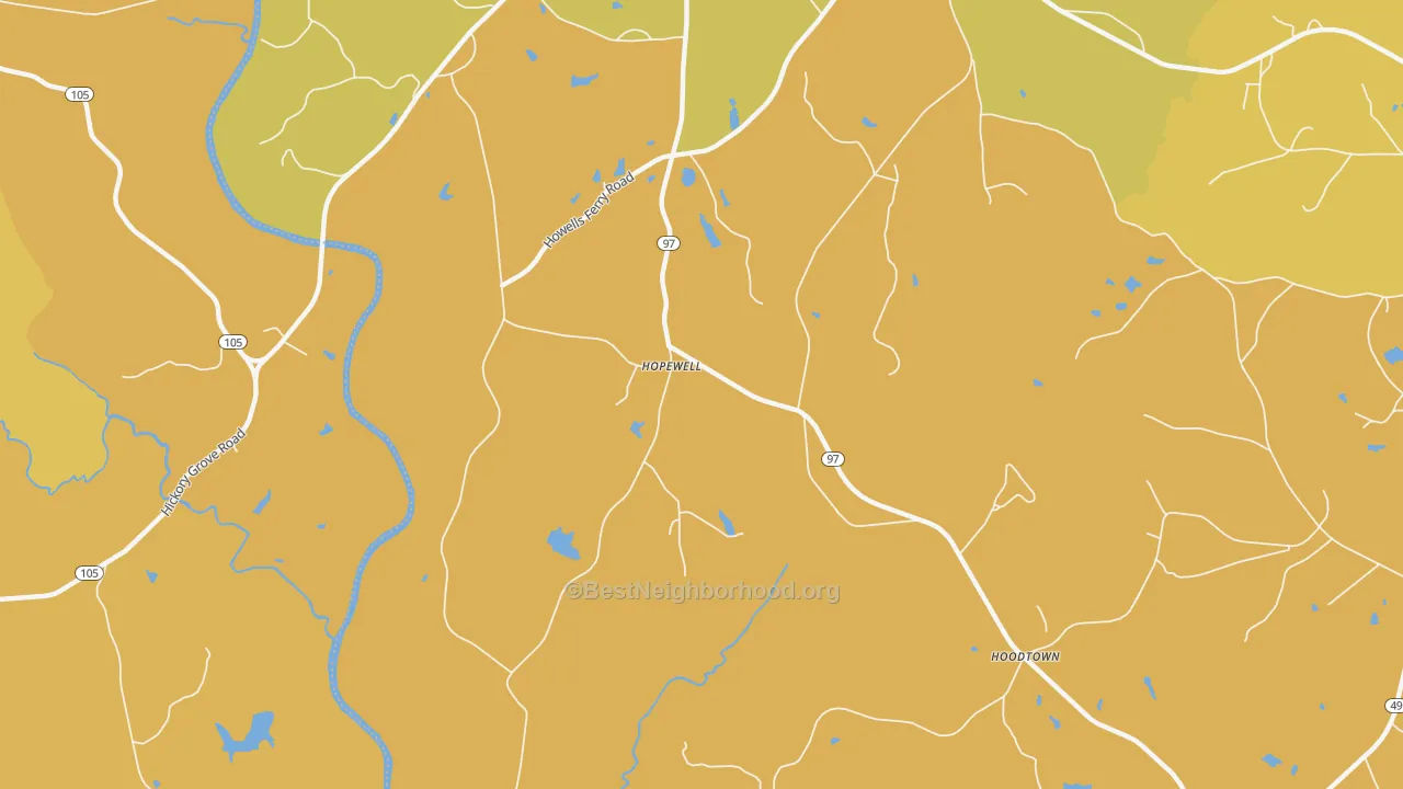 Map of the best neighborhoods in the Hopewell area, with better matches in green and worse matches in red