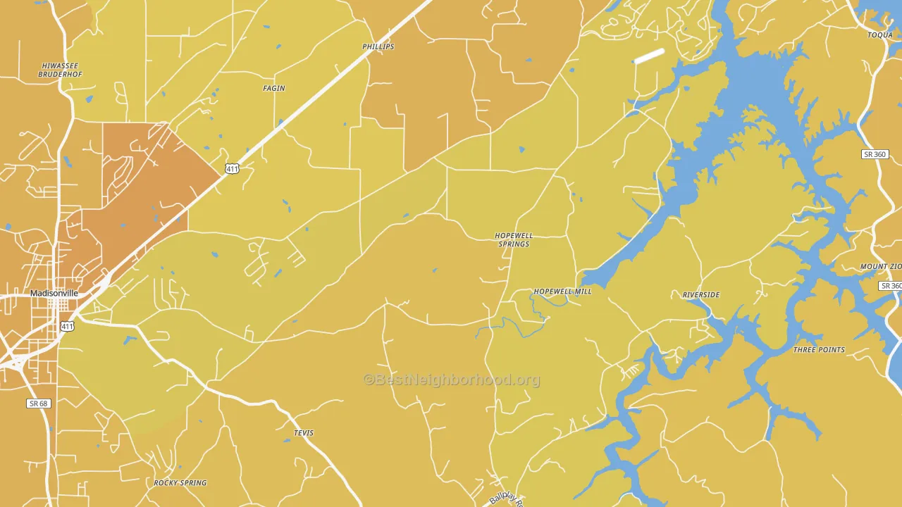 Map of the best neighborhoods in the Hopewell Springs area, with better matches in green and worse matches in red
