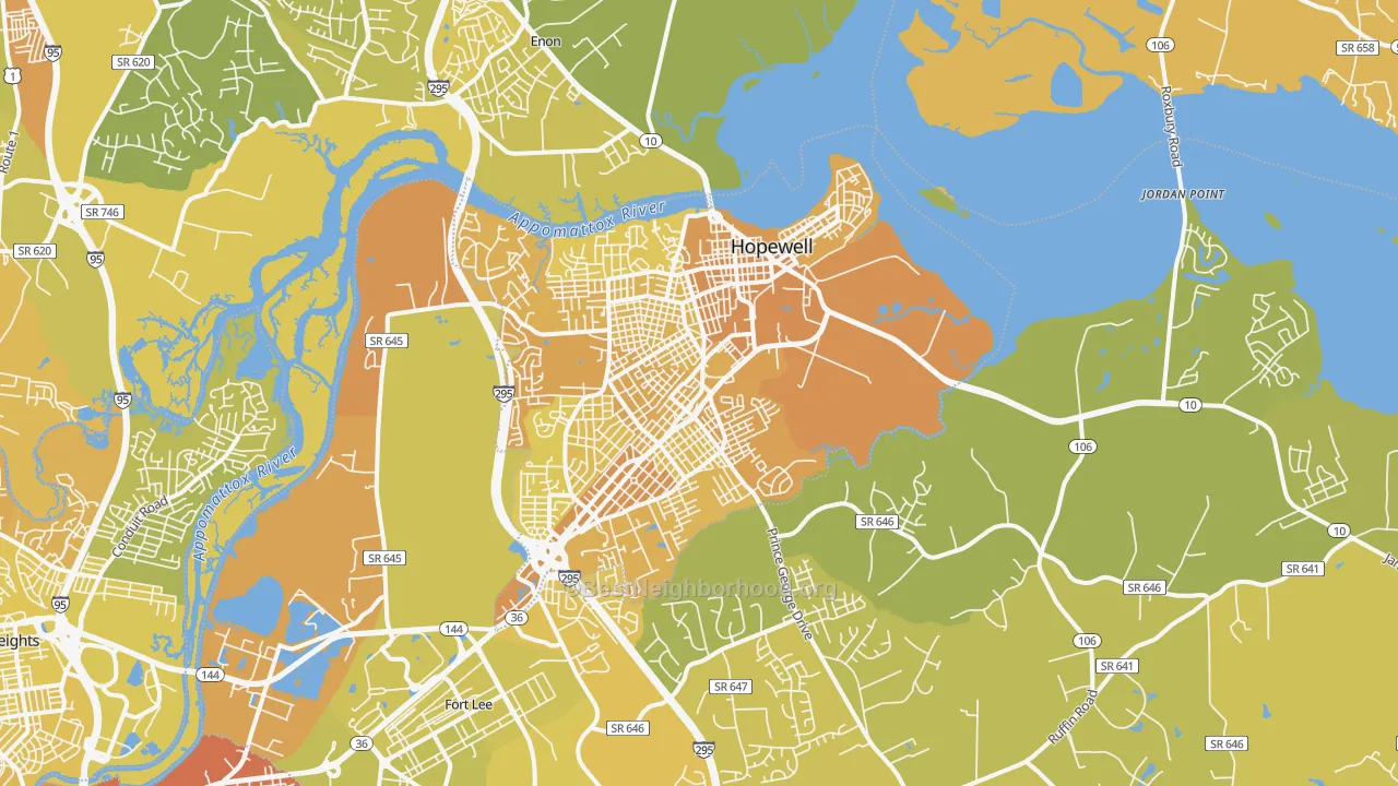 Map of the best neighborhoods in the Hopewell area, with better matches in green and worse matches in red