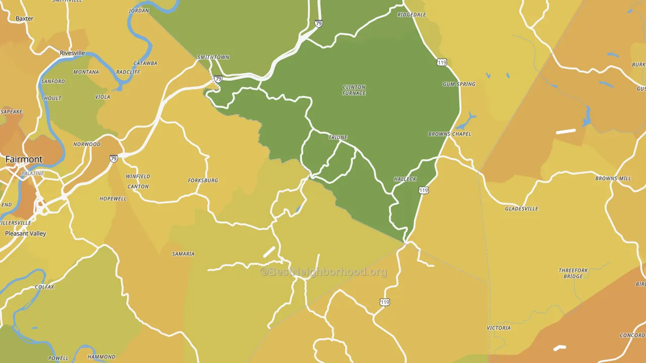 Map of the best neighborhoods in the Hopewell area, with better matches in green and worse matches in red