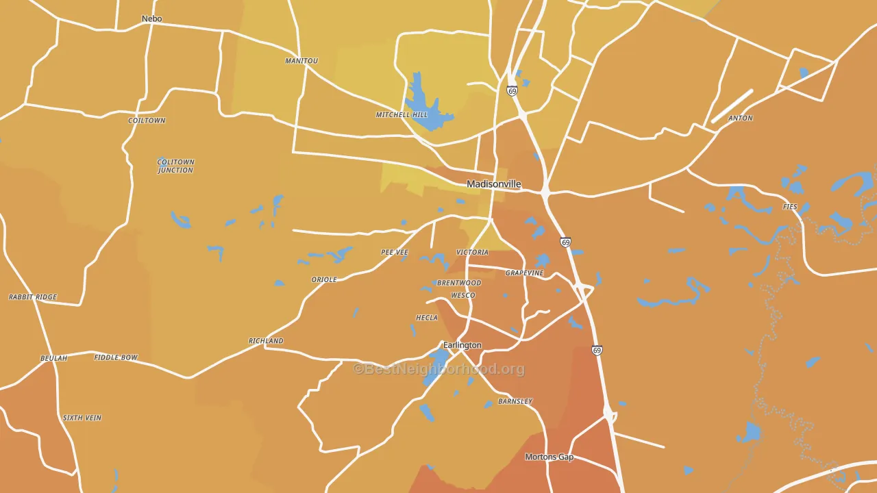 Map of the best neighborhoods in the Hopkins County area, with better matches in green and worse matches in red