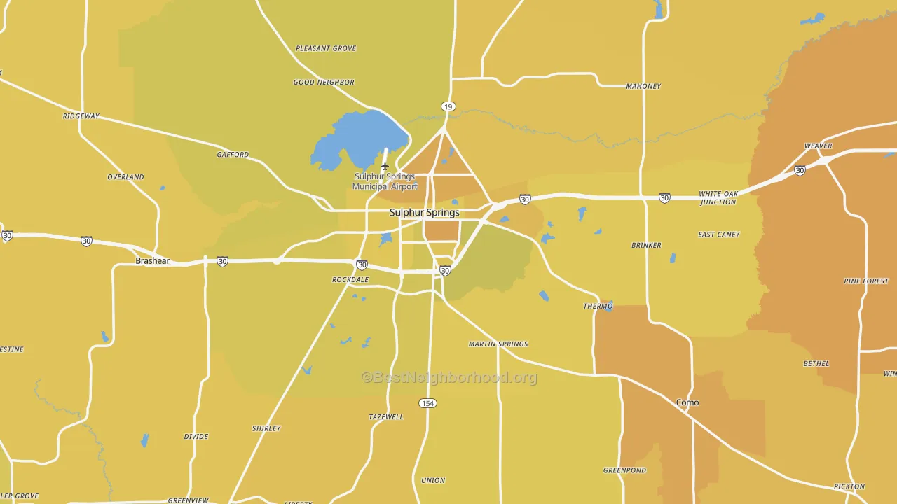 Map of the best neighborhoods in the Hopkins County area, with better matches in green and worse matches in red