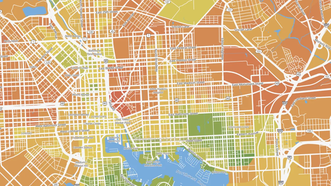 Map of the best neighborhoods in the Hopkins-Middle East, Baltimore area, with better matches in green and worse matches in red