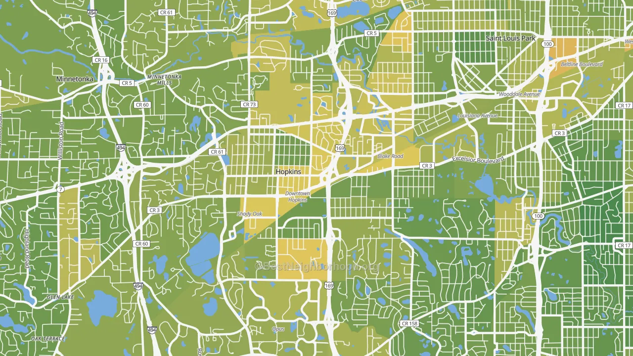 Map of the best neighborhoods in the Hopkins area, with better matches in green and worse matches in red