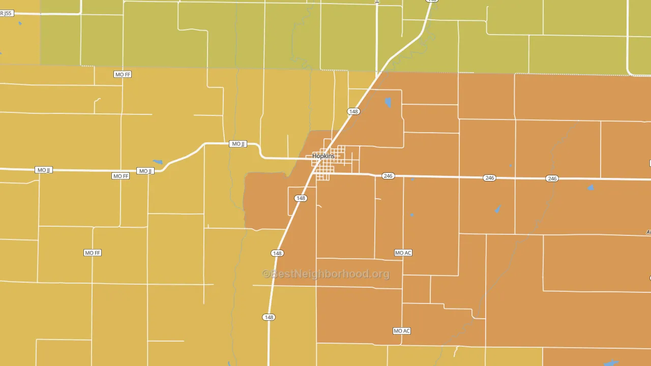 Map of the best neighborhoods in the Hopkins area, with better matches in green and worse matches in red